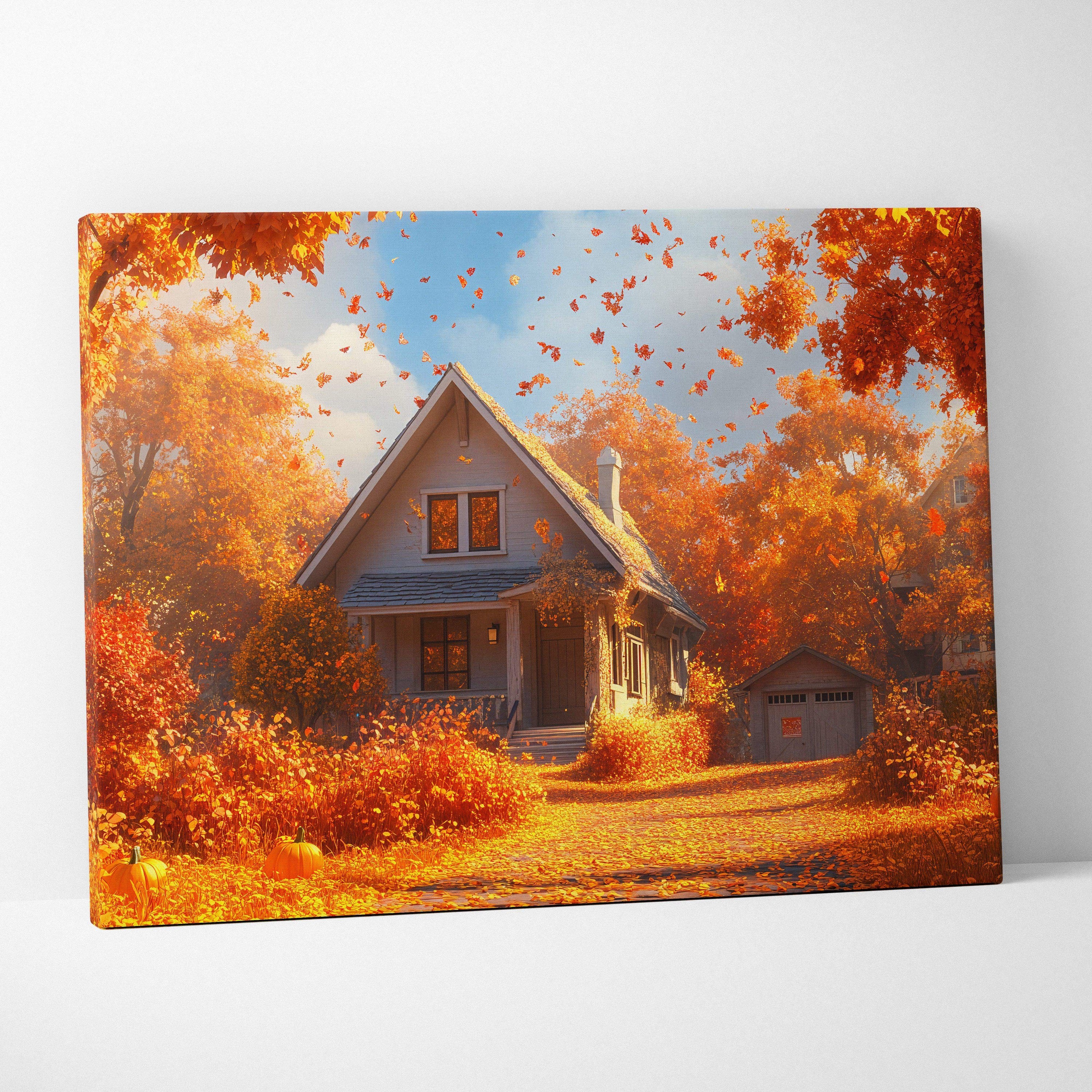 Cozy autumn cottage canvas wall art with glowing trees, golden leaves, pumpkin path
