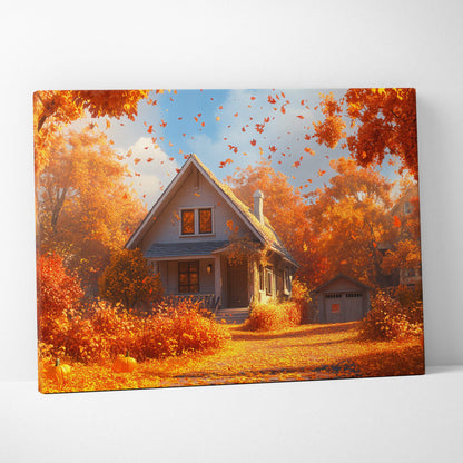 Cozy autumn cottage canvas wall art with glowing trees, golden leaves, pumpkin path