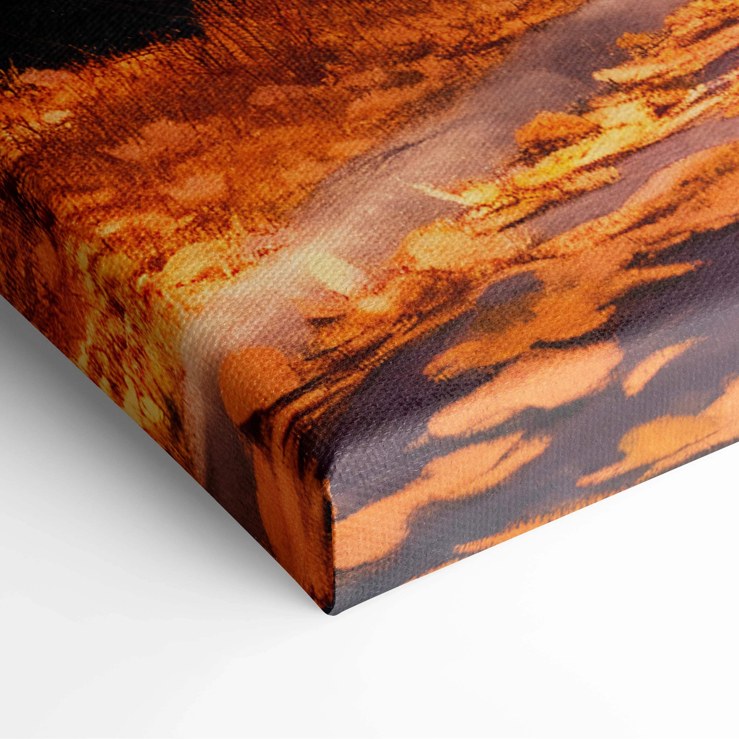 Autumn street scene canvas print with fiery leaves, sunset glow in orange brown hues