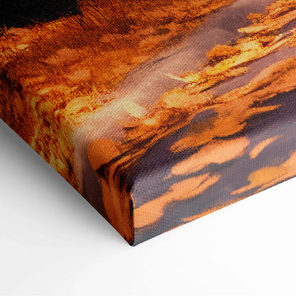 Autumn street scene canvas print with fiery leaves, sunset glow in orange brown hues