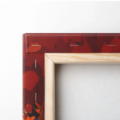 Red floral canvas frame with light wood border, Autumn Street Scene art
