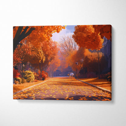Vibrant orange red autumn leaves on quiet street fiery foliage sunset glow canvas art