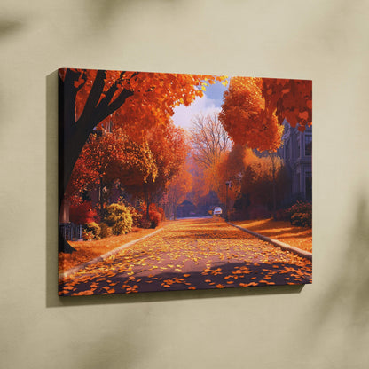 Autumn street scene with fiery leaves and sunset glow canvas wall art