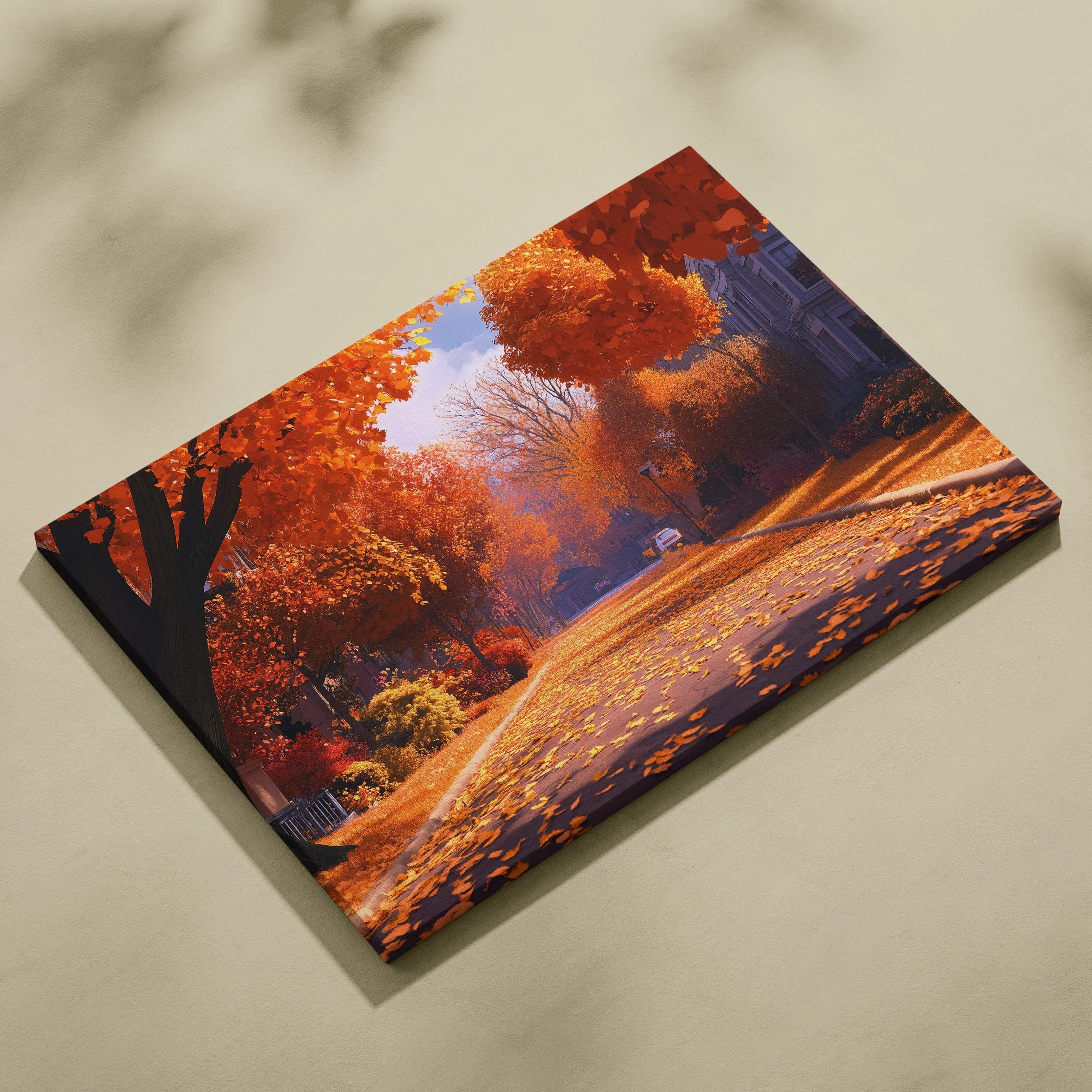 Autumn Street Scene canvas print with fiery leaves and sunset glow