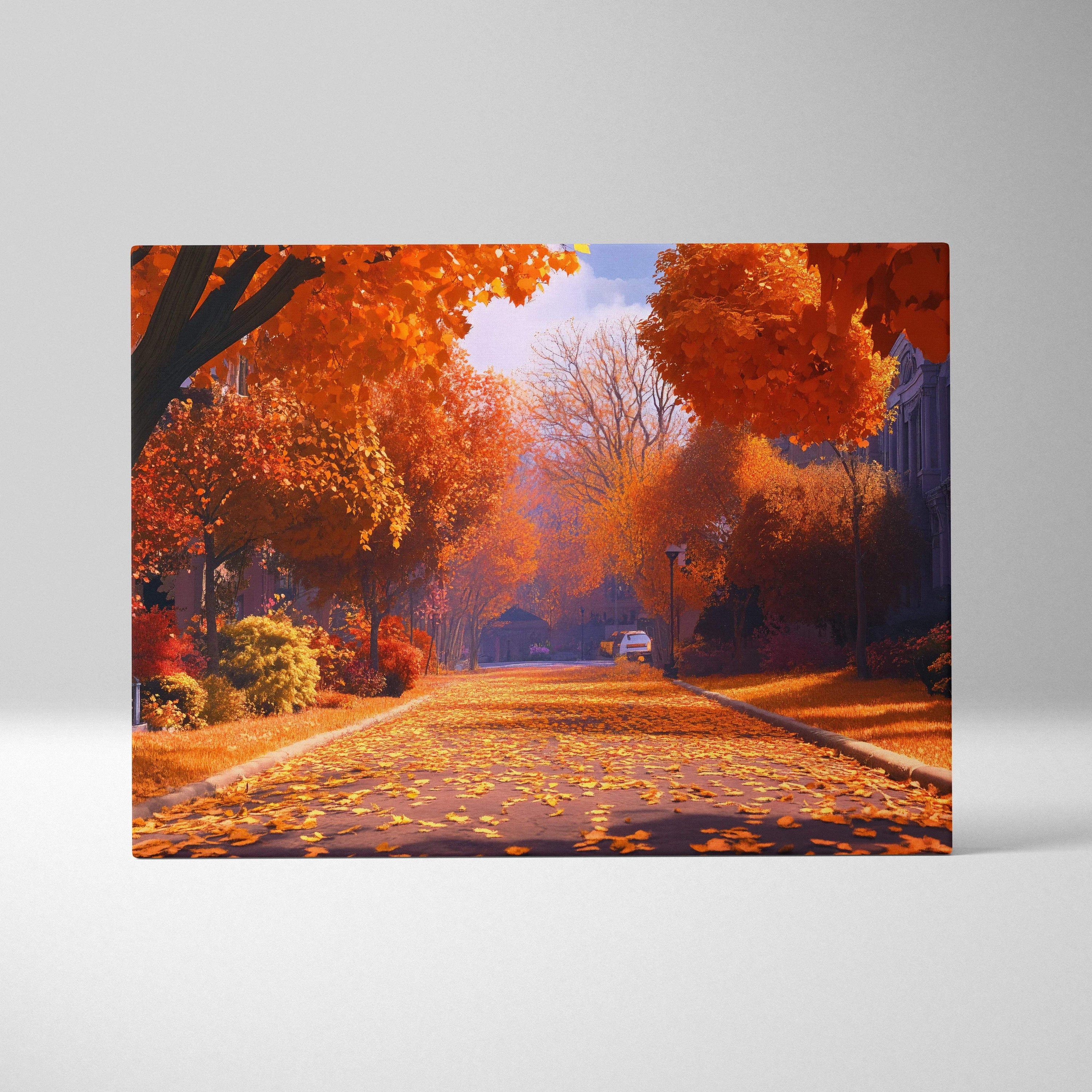 Autumn street scene with fiery leaves and sunset glow canvas wall art