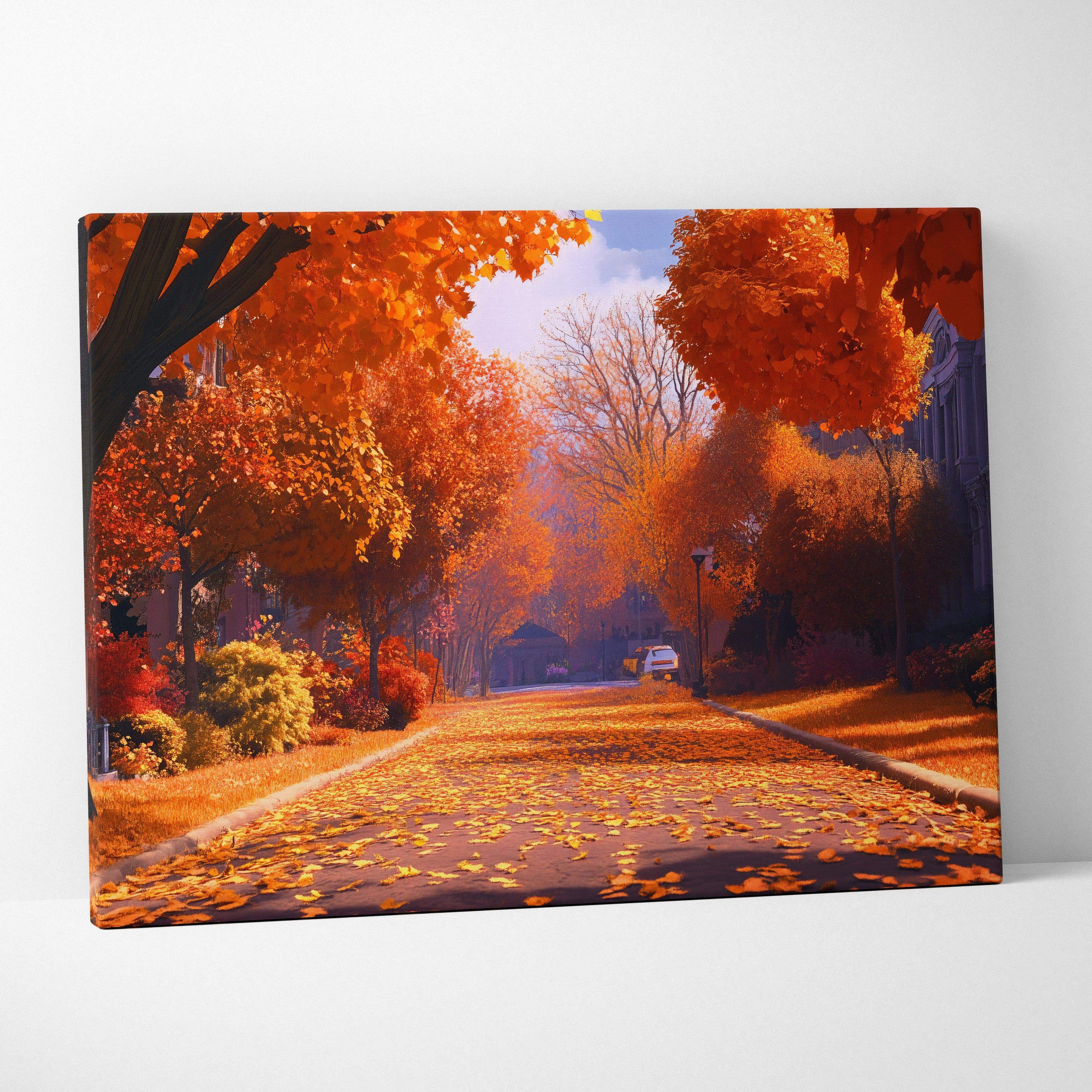Vibrant orange red autumn street scene with fiery leaves sunset glow framed canvas Visionary Collection