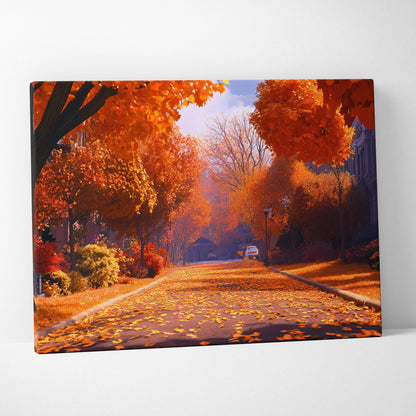 Vibrant orange red autumn street scene with fiery leaves sunset glow framed canvas Visionary Collection