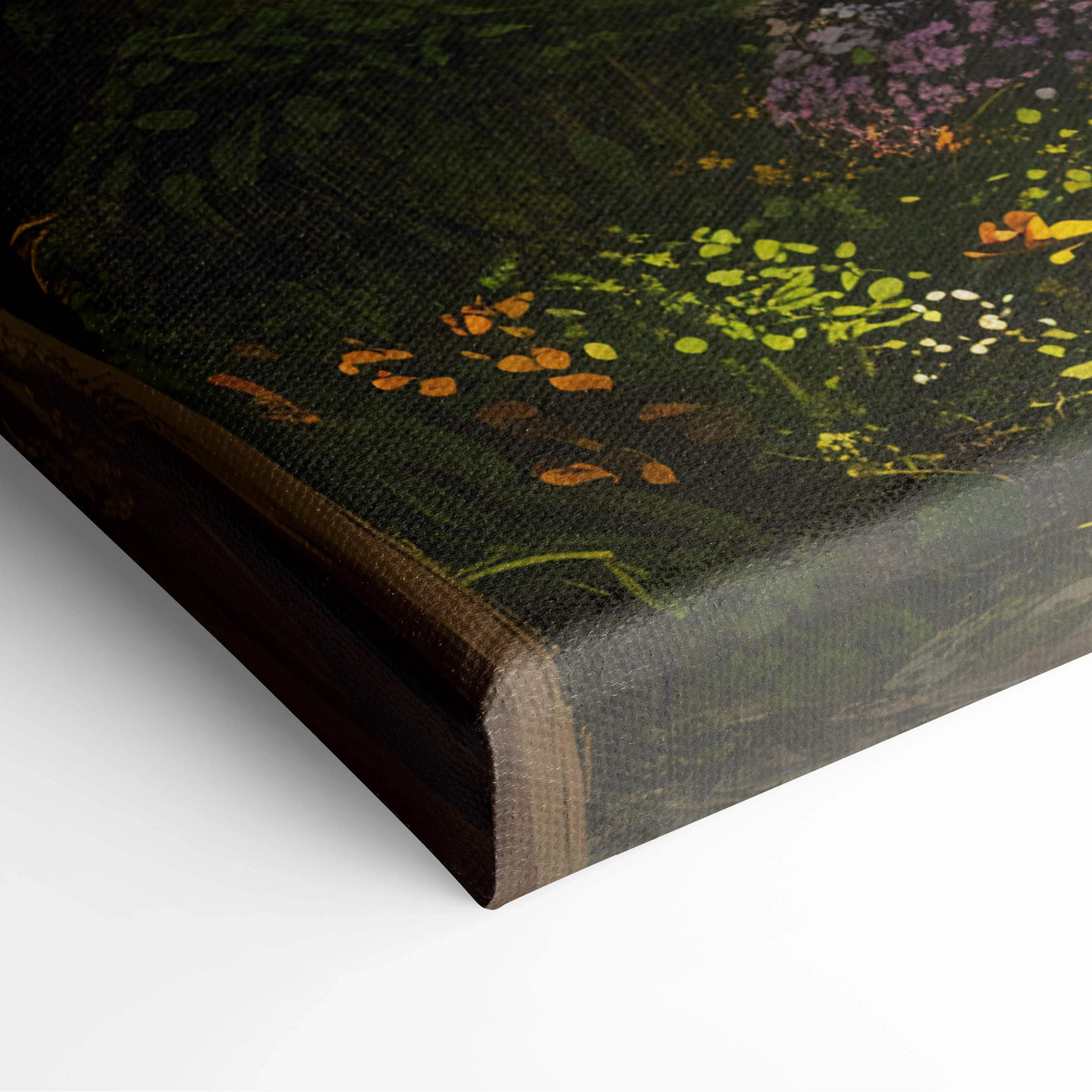 Romantic garden gala canvas art with lush green foliage, purple yellow flowers, orange leaves