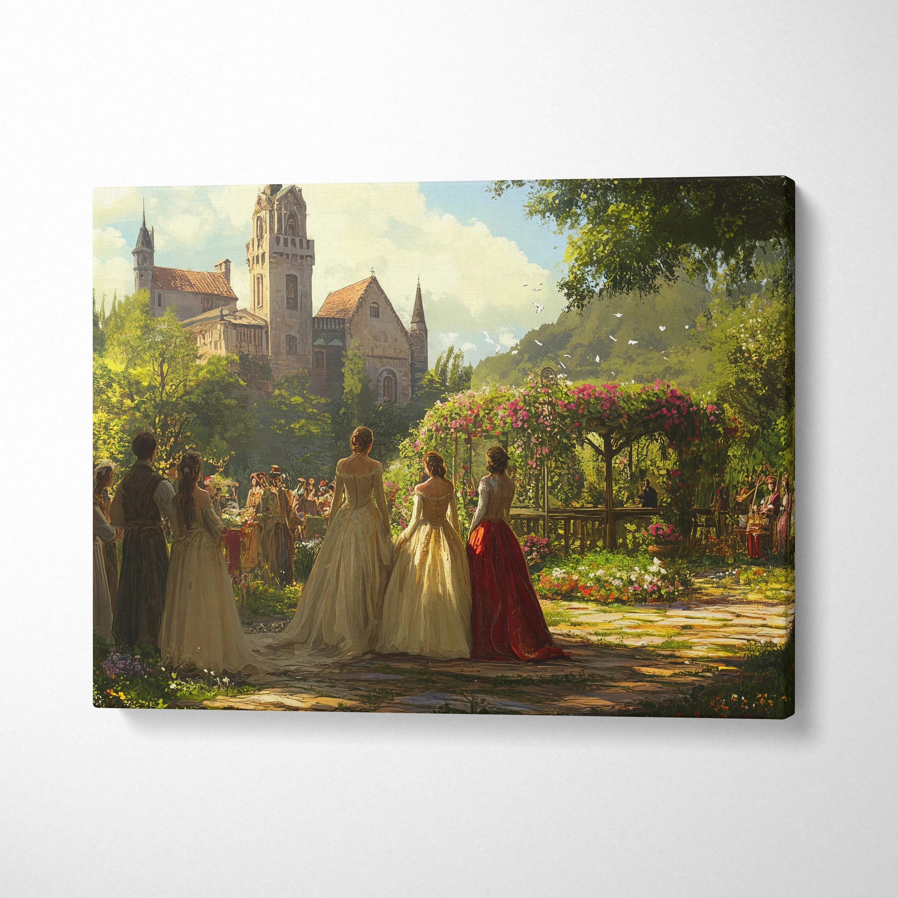 Romantic sunlit garden gala at grand castle courtyard canvas art