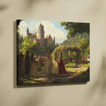Romantic sunlit garden gala at grand castle courtyard canvas art