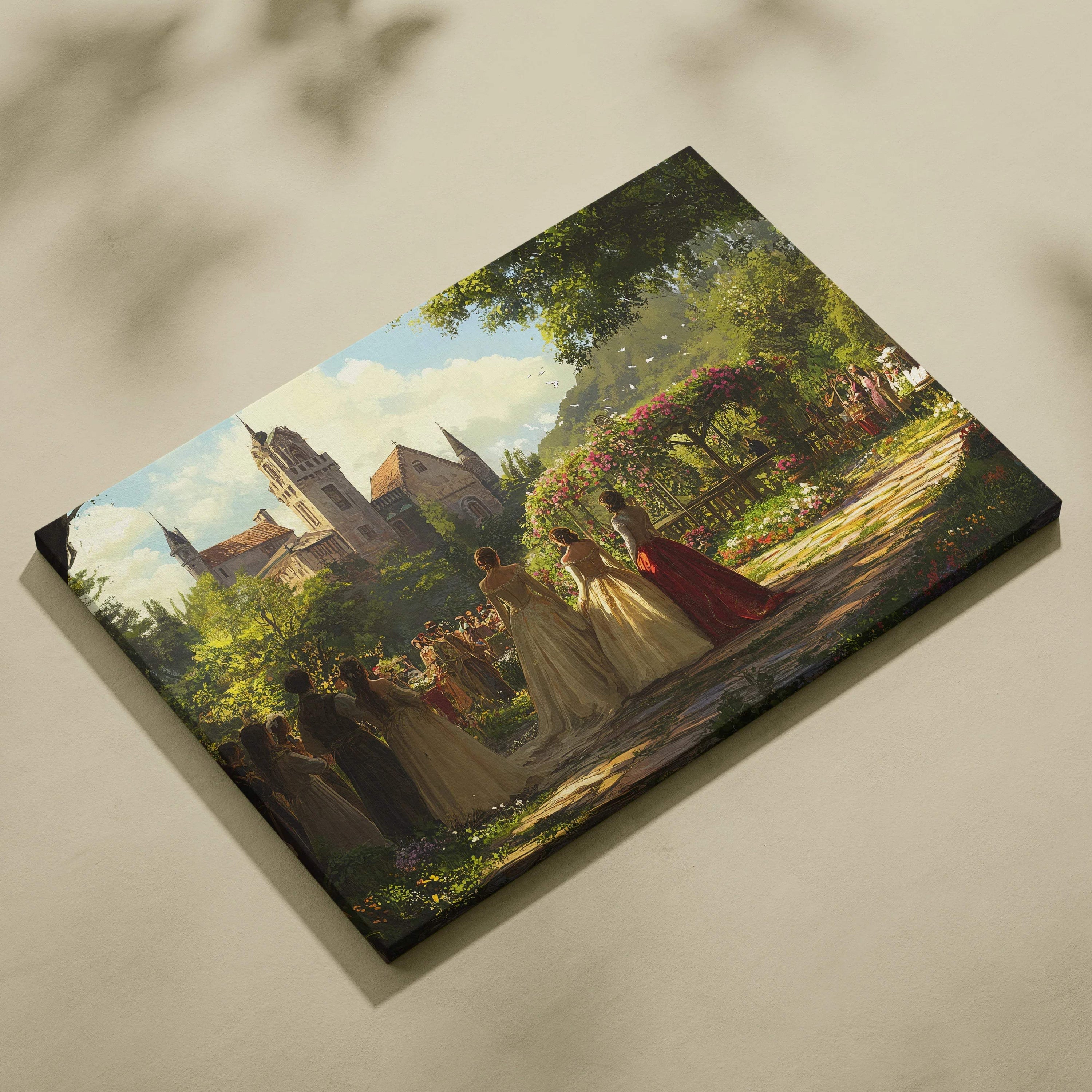 Romantic garden gala at grand castle courtyard sunlit dreamlike canvas art