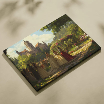 Romantic garden gala at grand castle courtyard sunlit dreamlike canvas art
