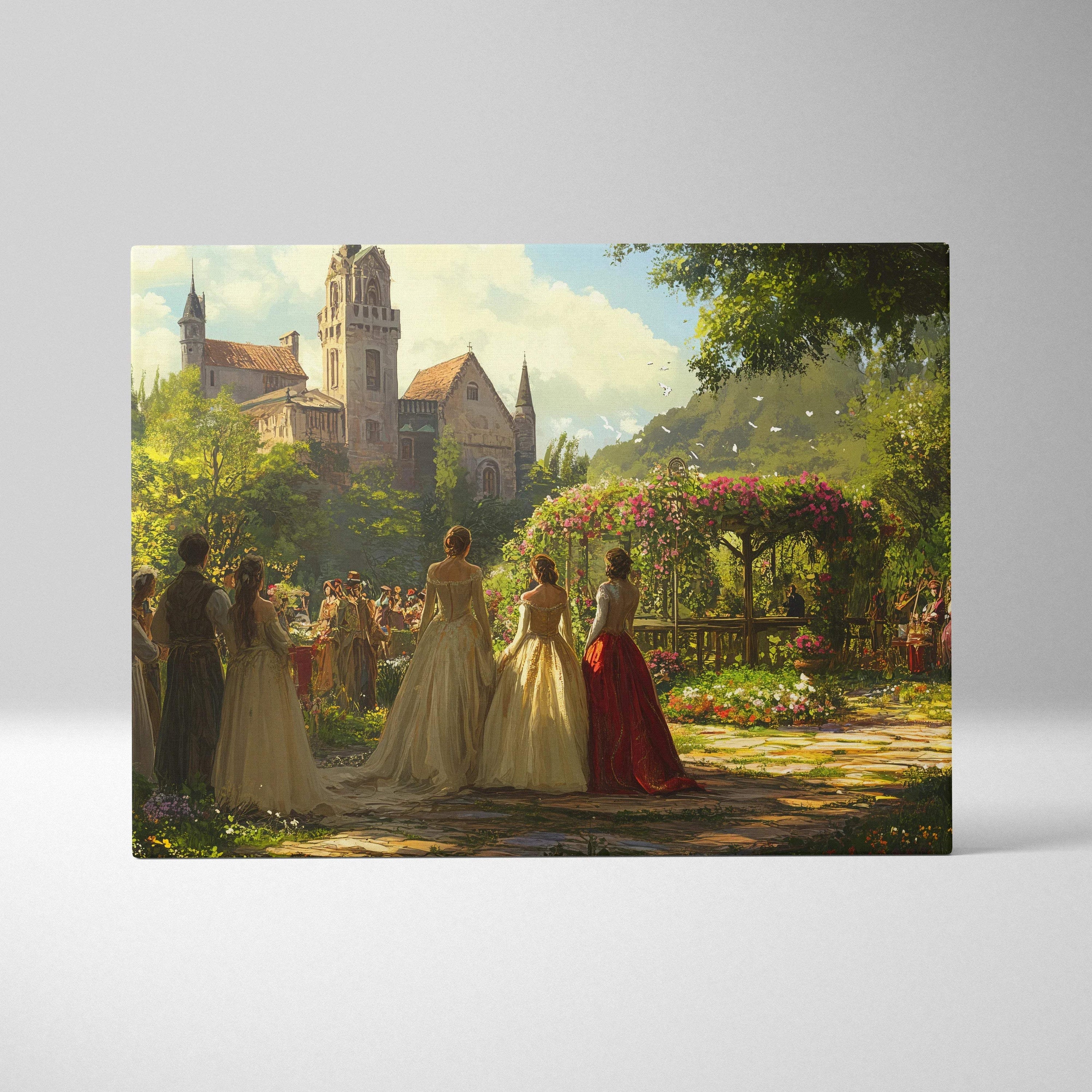 Romantic sunlit garden gala at grand castle courtyard canvas wall art