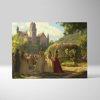 Romantic sunlit garden gala at grand castle courtyard canvas wall art