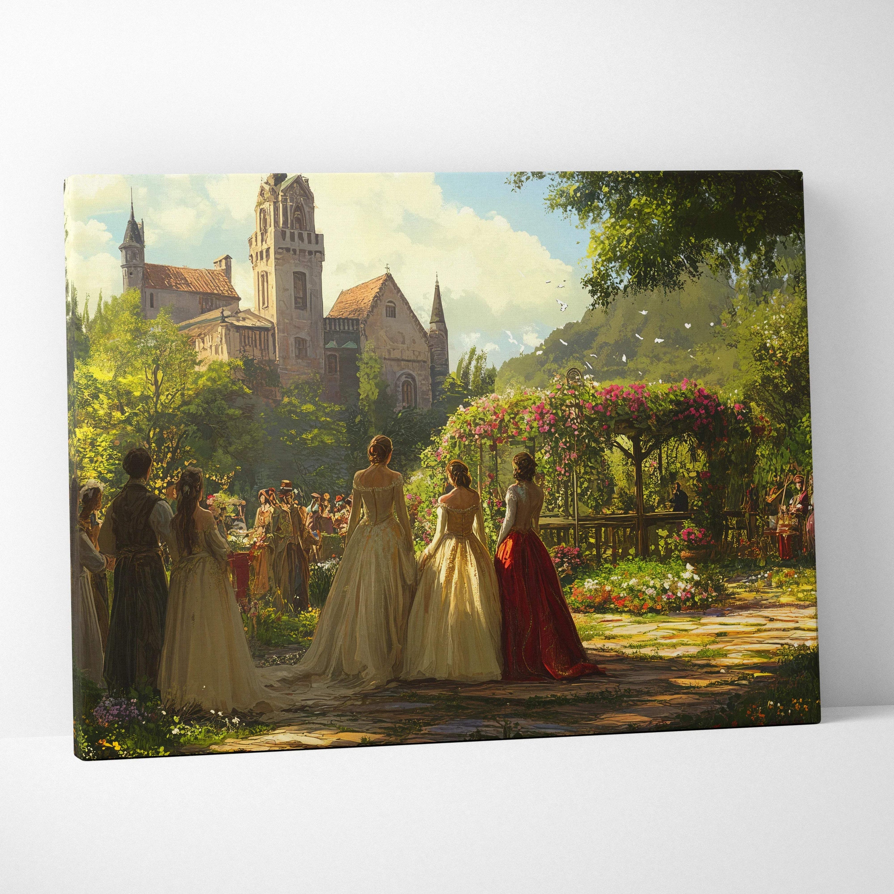 Romantic sunlit garden gala at grand castle courtyard canvas wall art