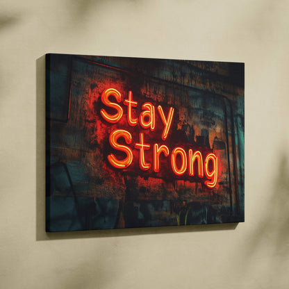 Orange neon Stay Strong canvas print on dark textured wall