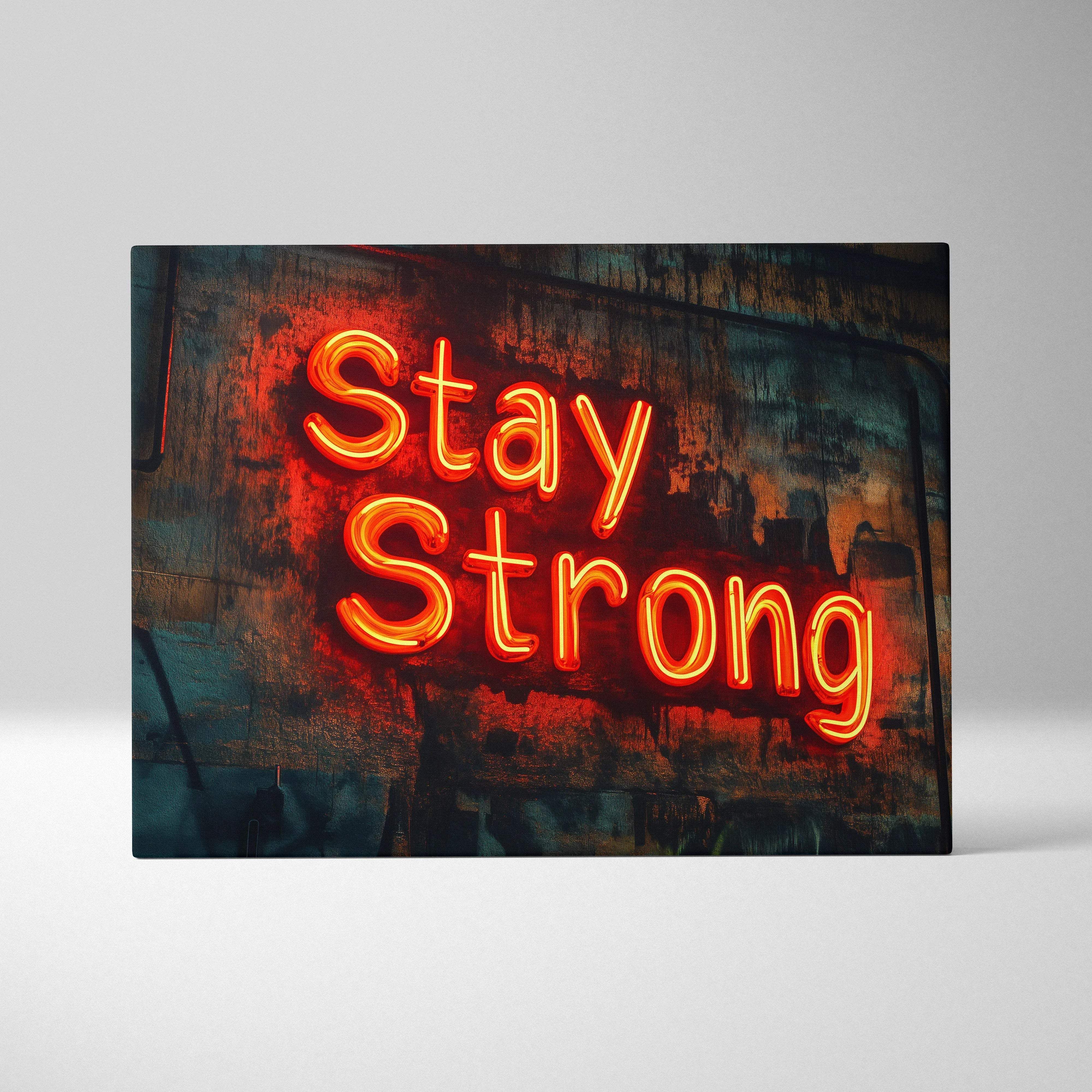 Vibrant orange neon Stay Strong sign on weathered canvas backdrop