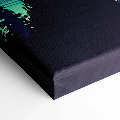 Black canvas print with vibrant green blue meteor streak and forest silhouette