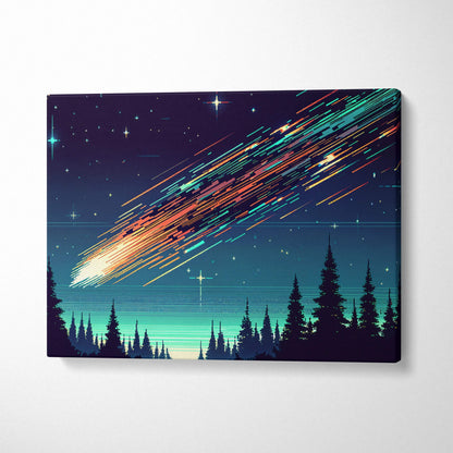 Meteor streak across midnight sky canvas art with teal forest silhouette