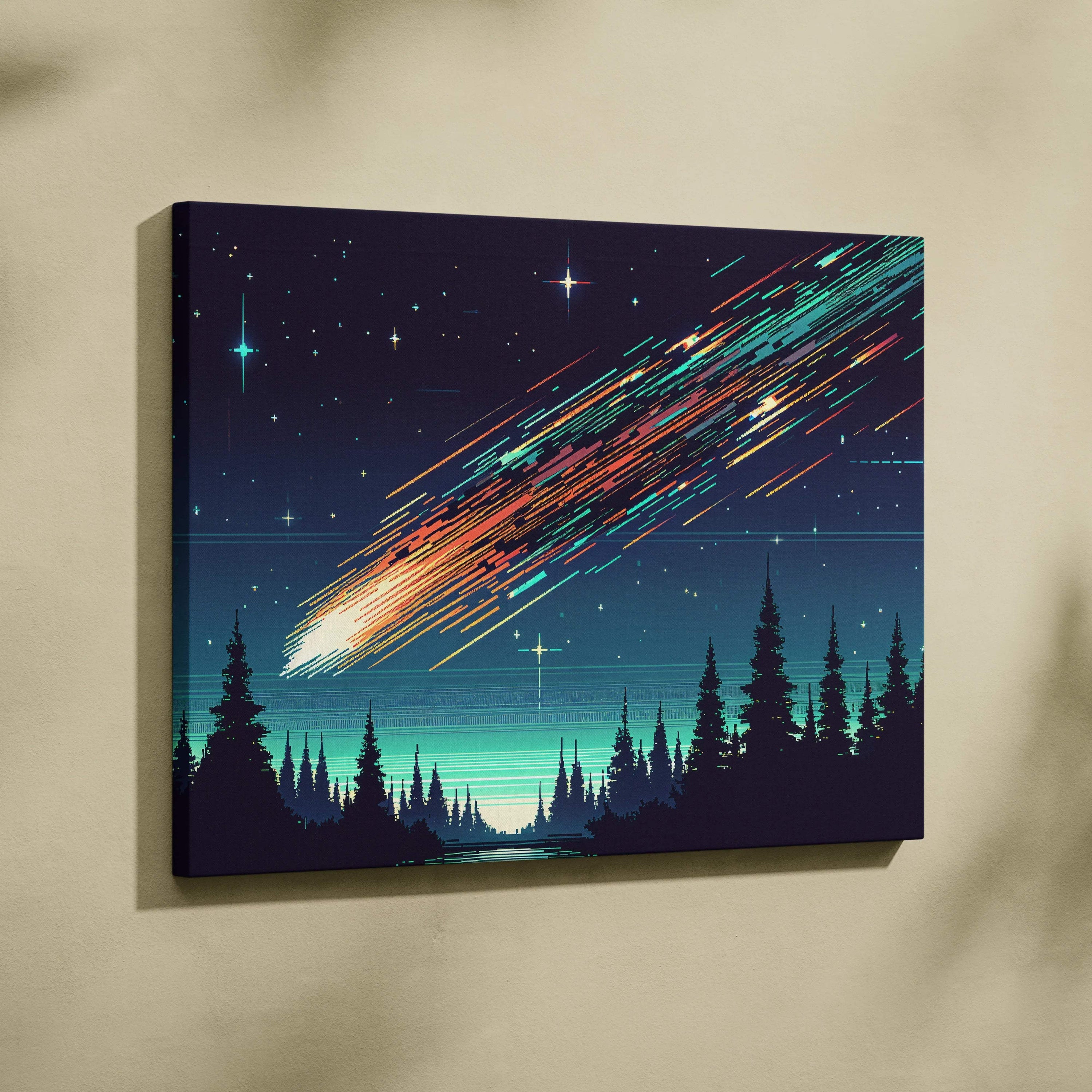 Meteor streak across teal midnight sky canvas art with forest silhouette