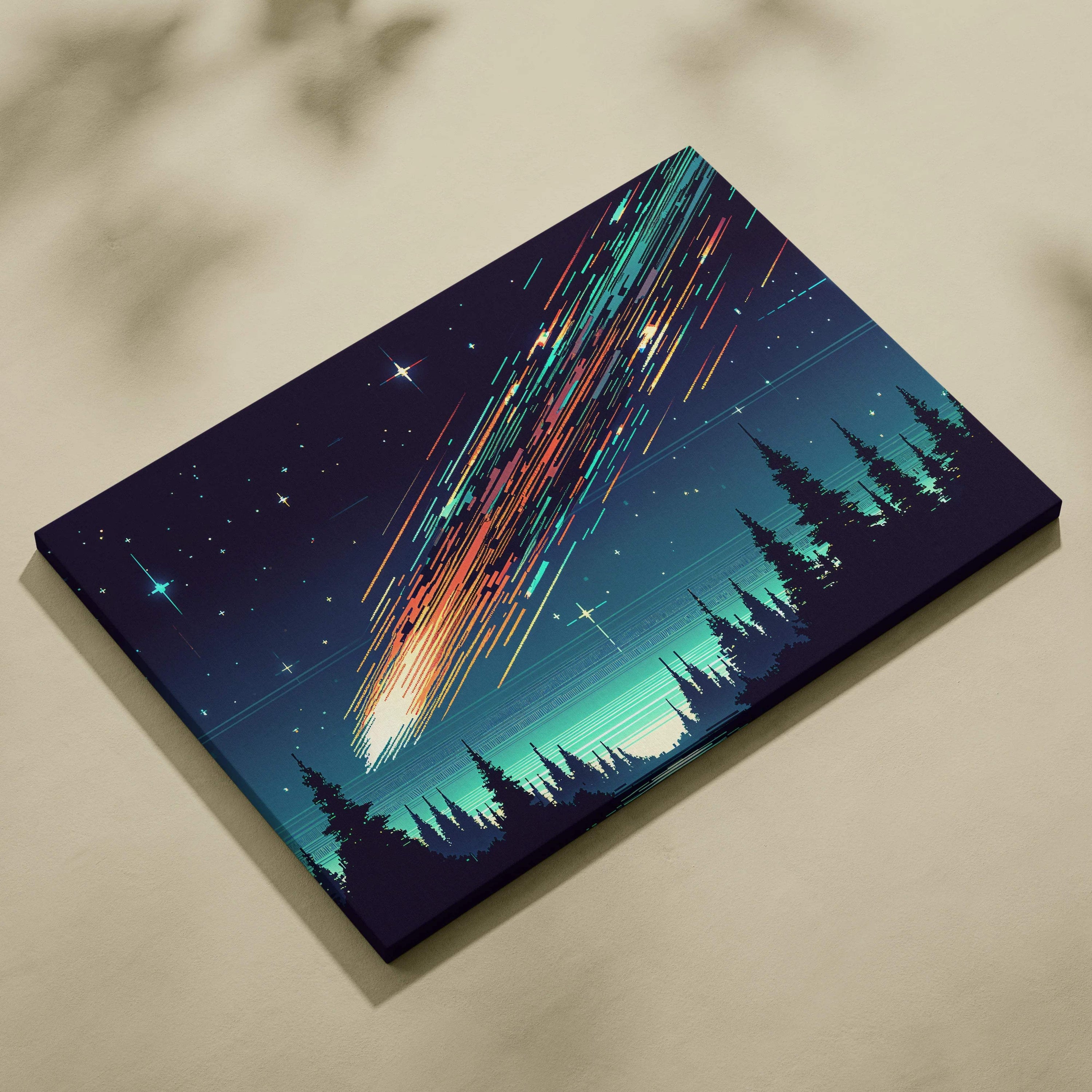 Meteor streak across midnight sky canvas wall art with forest silhouette in teal night