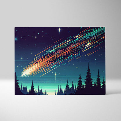 Meteor shower streaking teal midnight sky over pine silhouettes canvas art