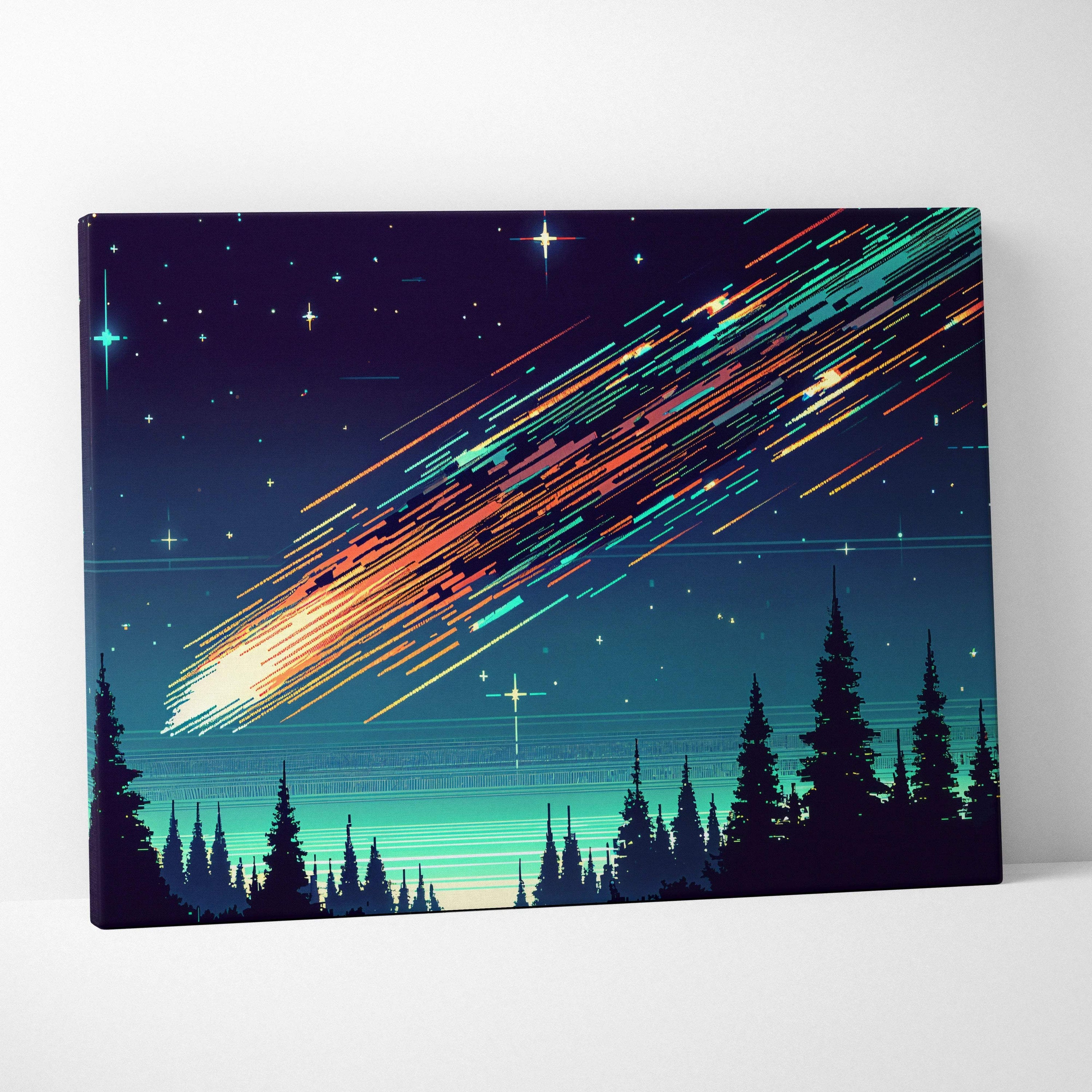 Meteor streak across midnight sky canvas art with teal forest silhouette