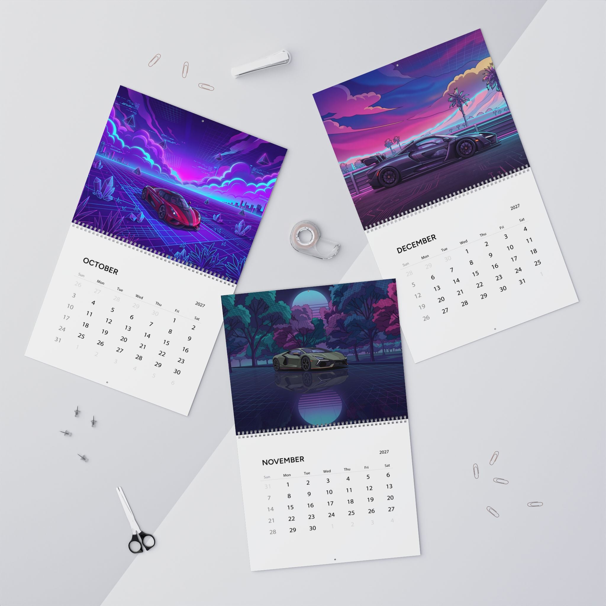 2027 Exotic Car Vaporwave Wall Calendar – High Performance Supercars & Neon Artwork Collection