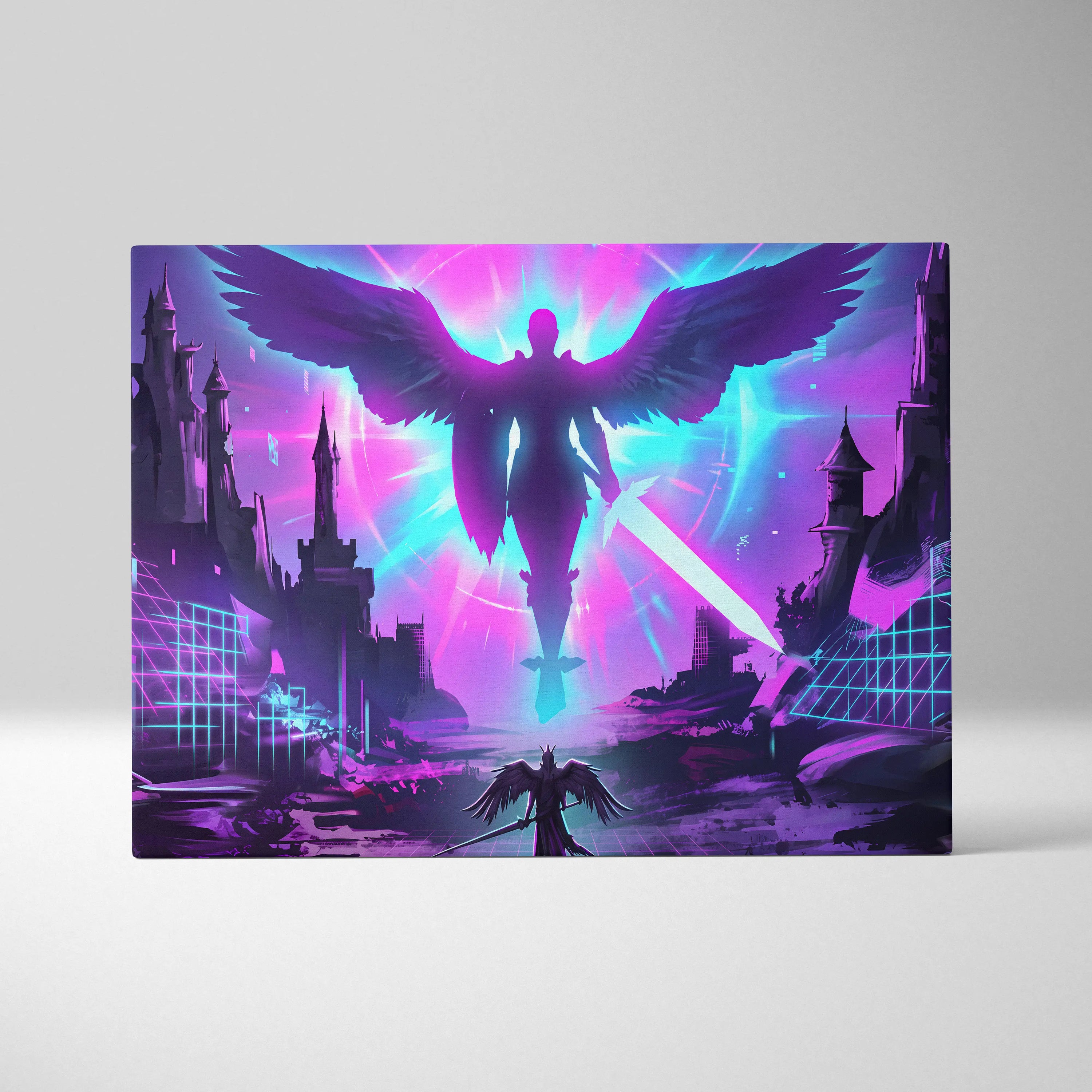 Neon Winged Odyssey Canvas - Winged Figure Neon Pink Blue Living Room Vaporwave Dreamy Mood Retro Futurism Canvas Print