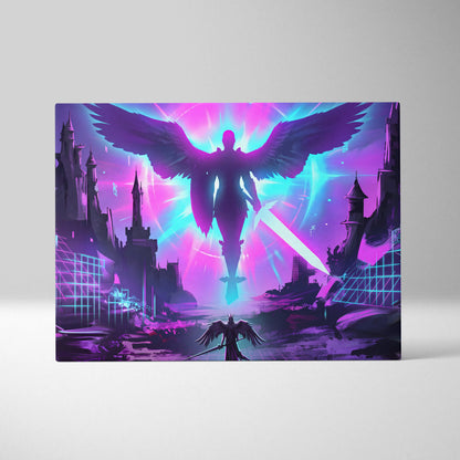 Neon Winged Odyssey Canvas - Winged Figure Neon Pink Blue Living Room Vaporwave Dreamy Mood Retro Futurism Canvas Print