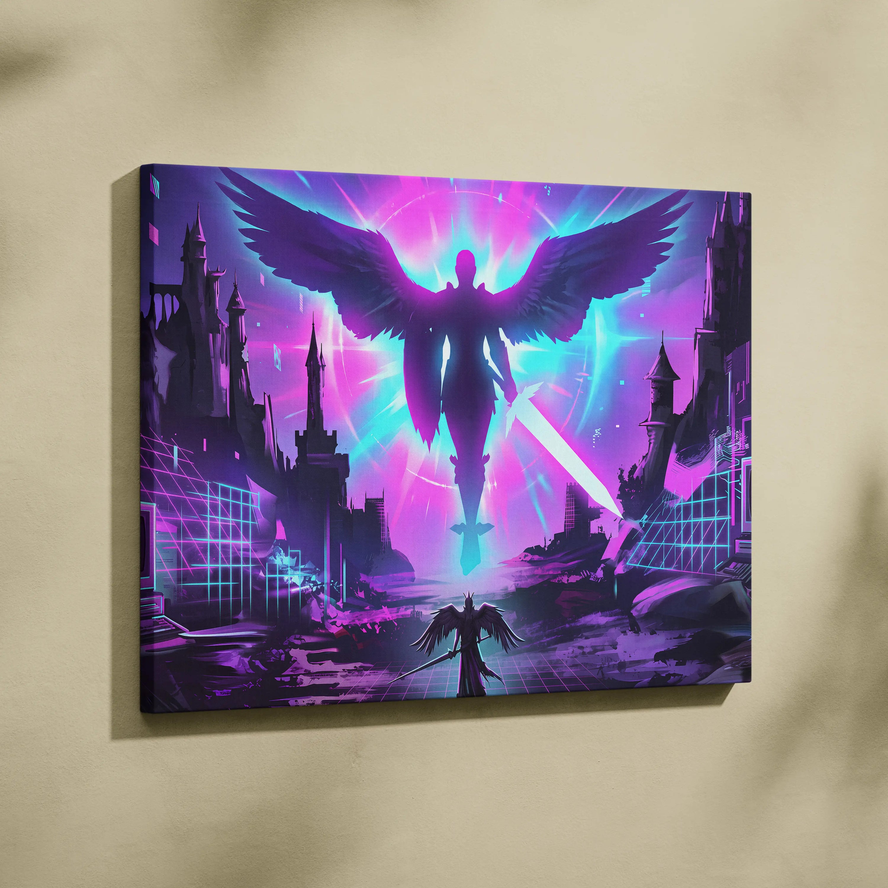 Neon Winged Odyssey Canvas - Winged Figure Neon Pink Blue Living Room Vaporwave Dreamy Mood Retro Futurism Canvas Print