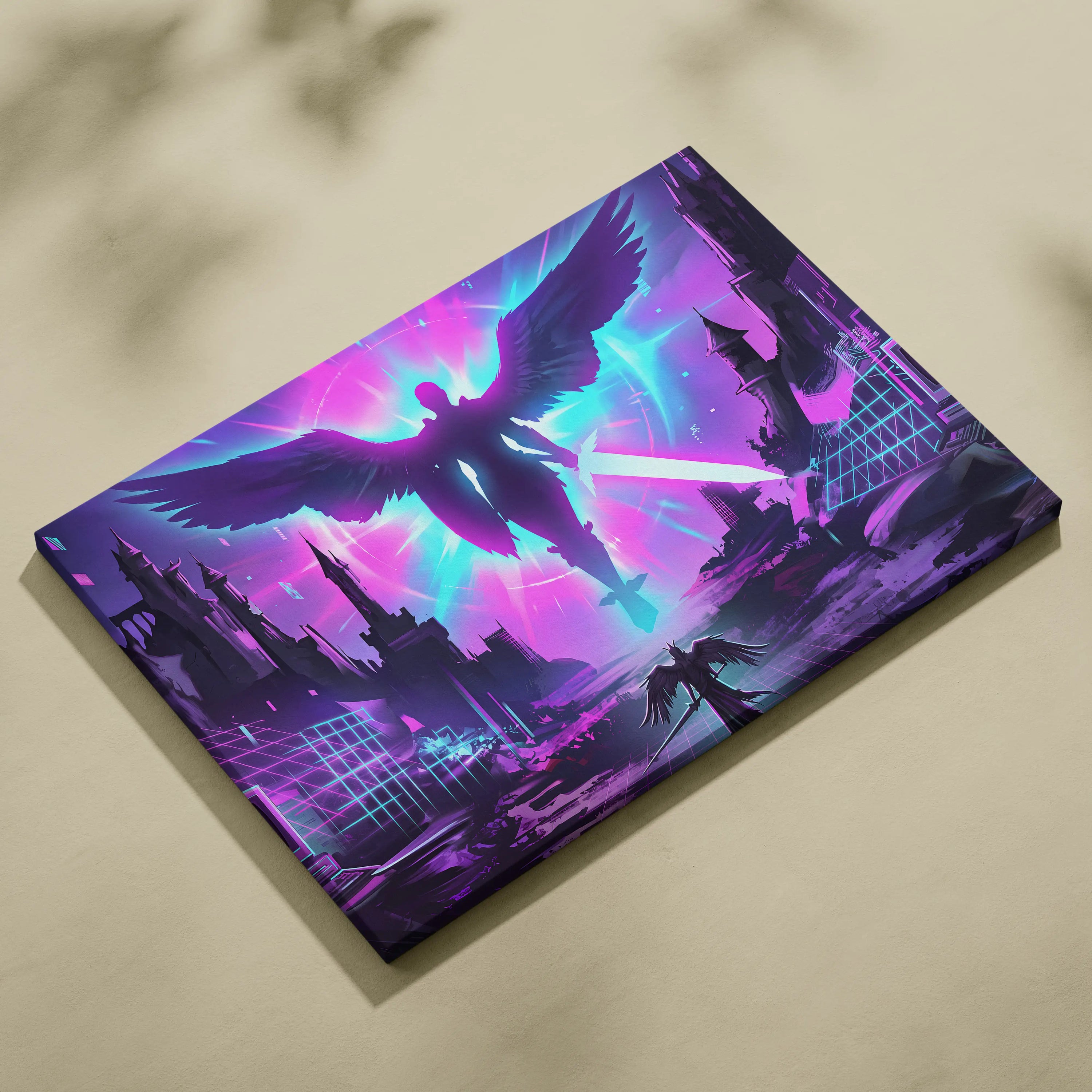 Neon Winged Odyssey Canvas - Winged Figure Neon Pink Blue Living Room Vaporwave Dreamy Mood Retro Futurism Canvas Print