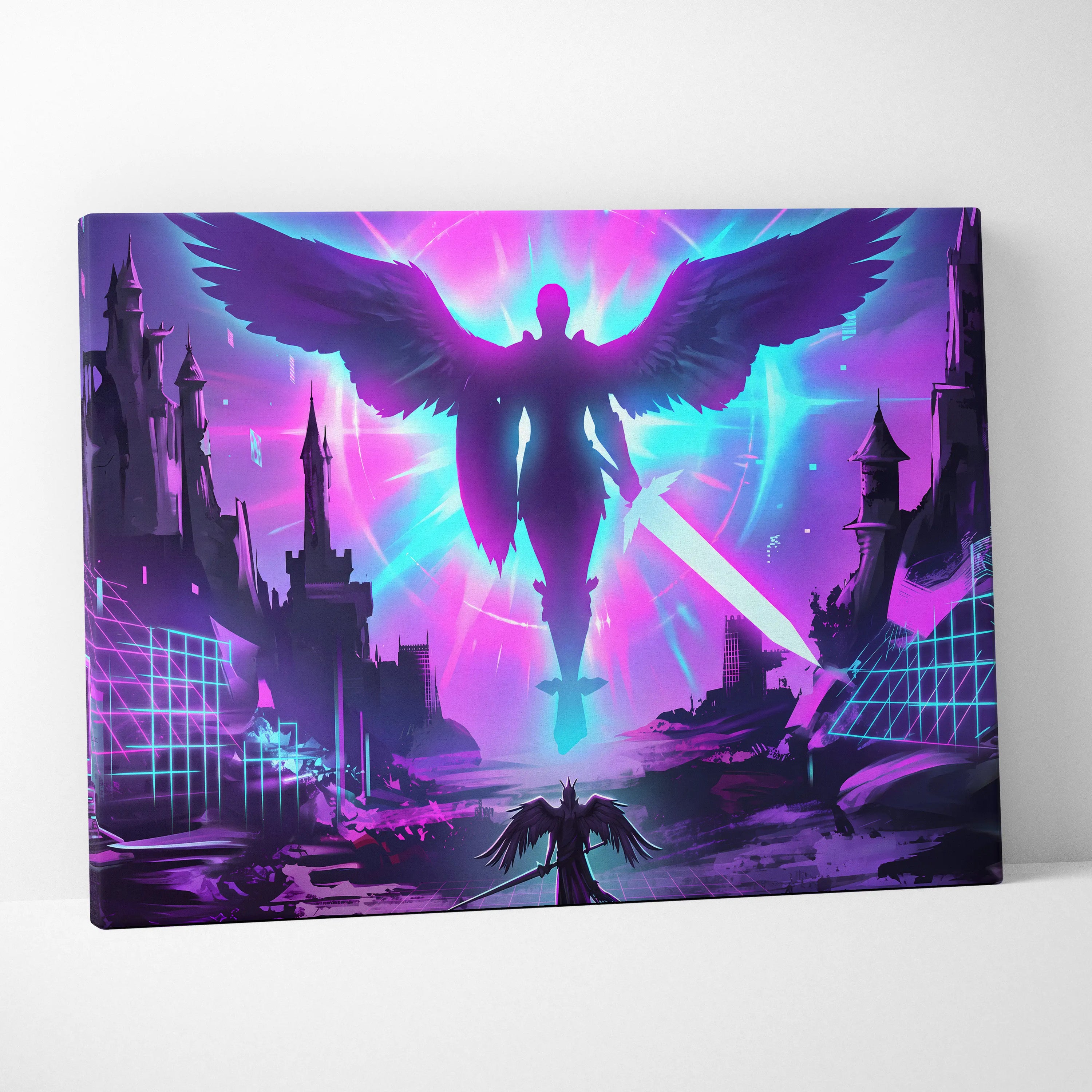 Neon Winged Odyssey Canvas - Winged Figure Neon Pink Blue Living Room Vaporwave Dreamy Mood Retro Futurism Canvas Print