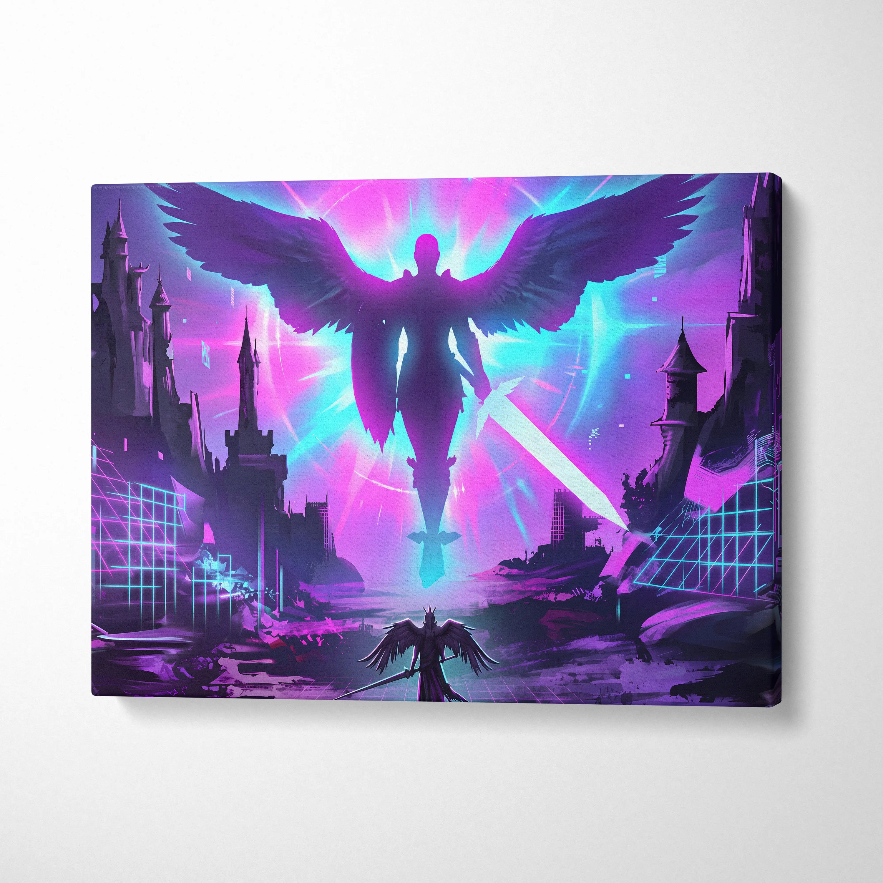 Neon Winged Odyssey Canvas - Winged Figure Neon Pink Blue Living Room Vaporwave Dreamy Mood Retro Futurism Canvas Print