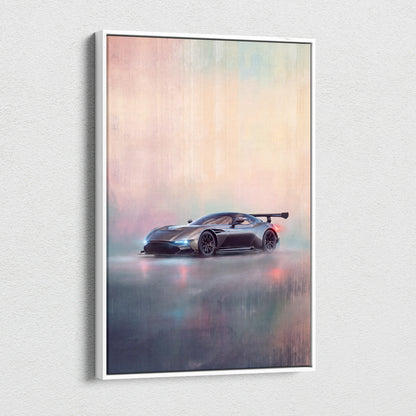 Aston Martin Valkyrie inspired supercar canvas art featuring a sleek matte black Aston Martin Vantage race car with glowing lights