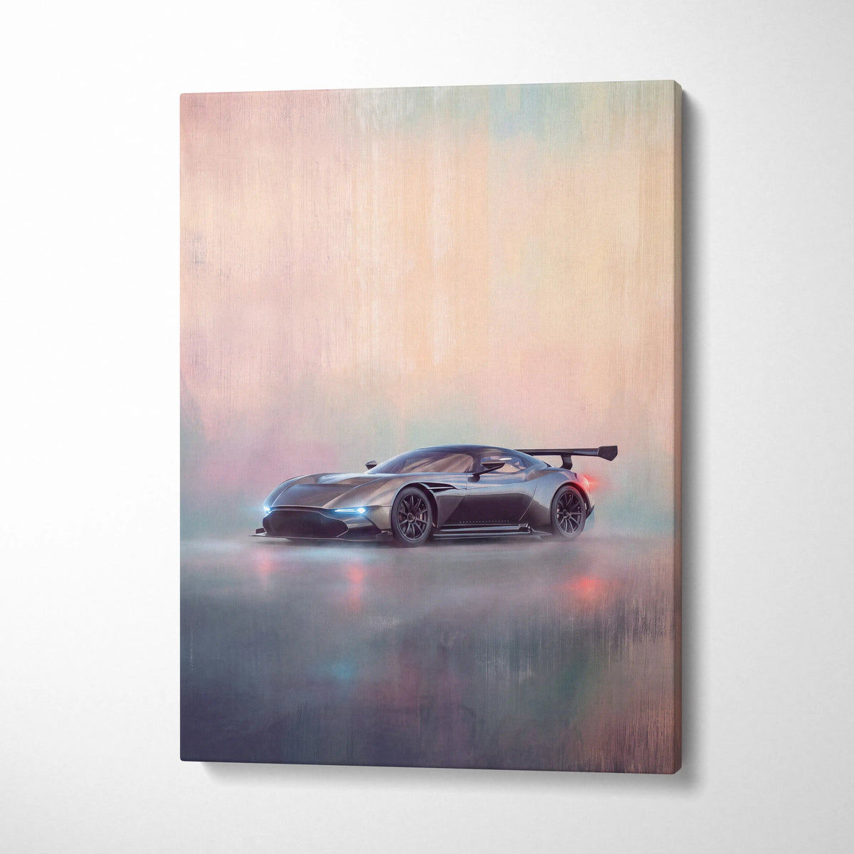 Aston Martin Valkyrie inspired supercar canvas art print featuring a matte black Aston Martin Vantage GT3 race car with blue headlights