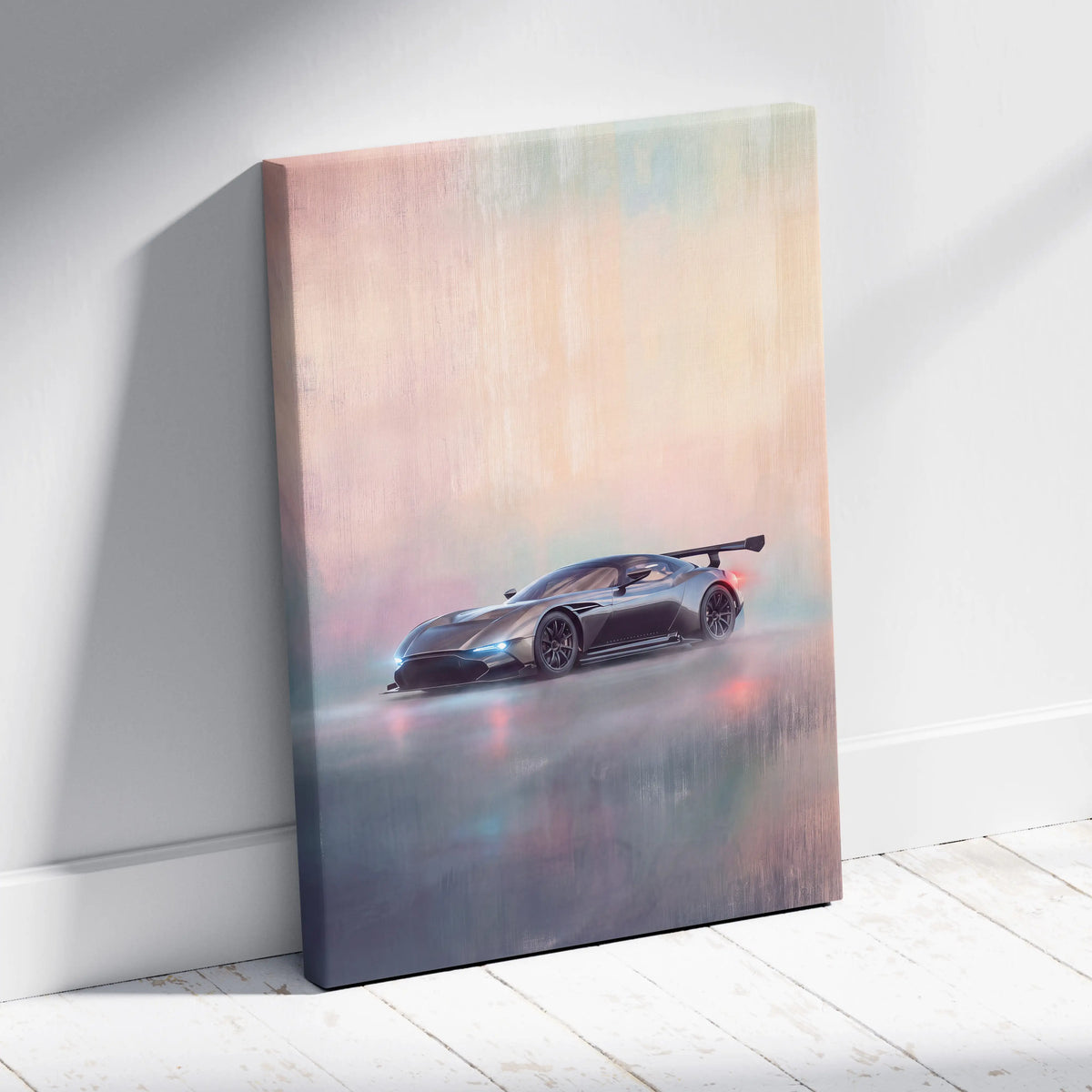 Aston Martin Valkyrie inspired supercar canvas art featuring a sleek matte black Aston Martin Vantage GT3 with glowing lights