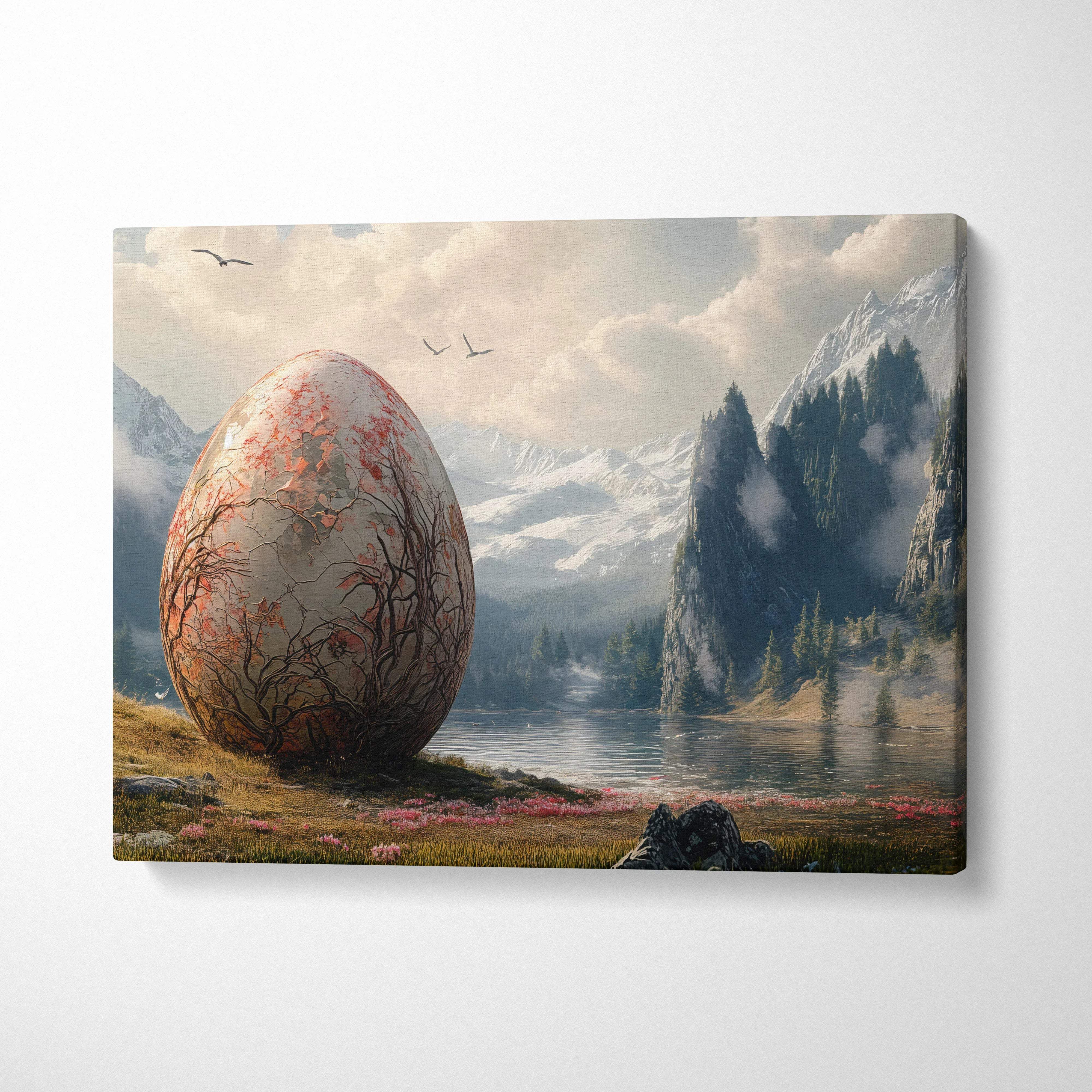 Dreamlike colossal egg with pink blossoms beside mountain lake canvas art