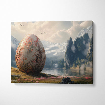 Dreamlike colossal egg with pink blossoms beside mountain lake canvas art
