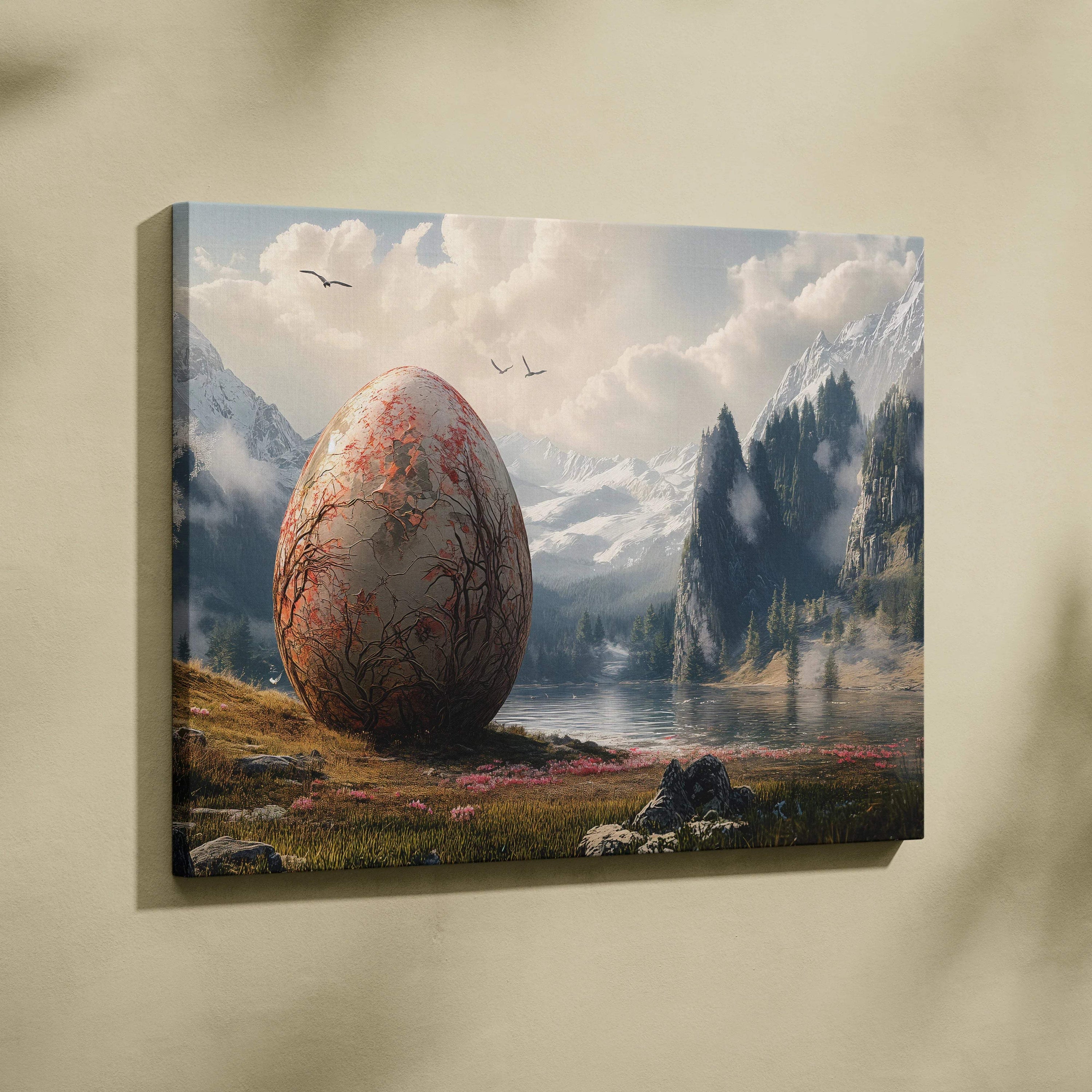 Dreamlike colossal egg by mountain lake surreal canvas wall art