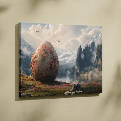 Dreamlike colossal egg by mountain lake surreal canvas wall art