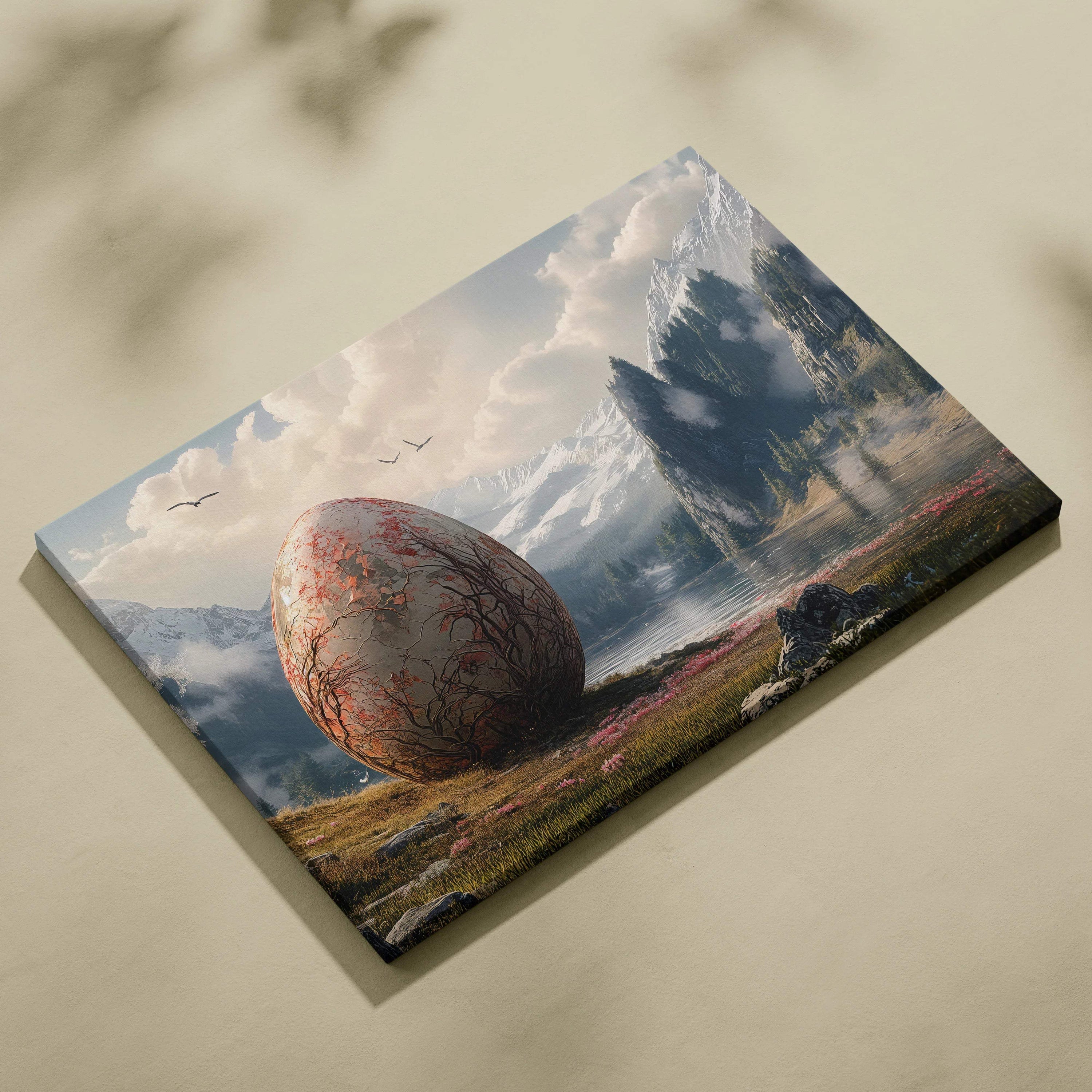 Dreamlike colossal egg by mountain lake surreal canvas wall art