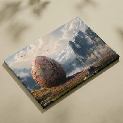 Dreamlike colossal egg by mountain lake surreal canvas wall art