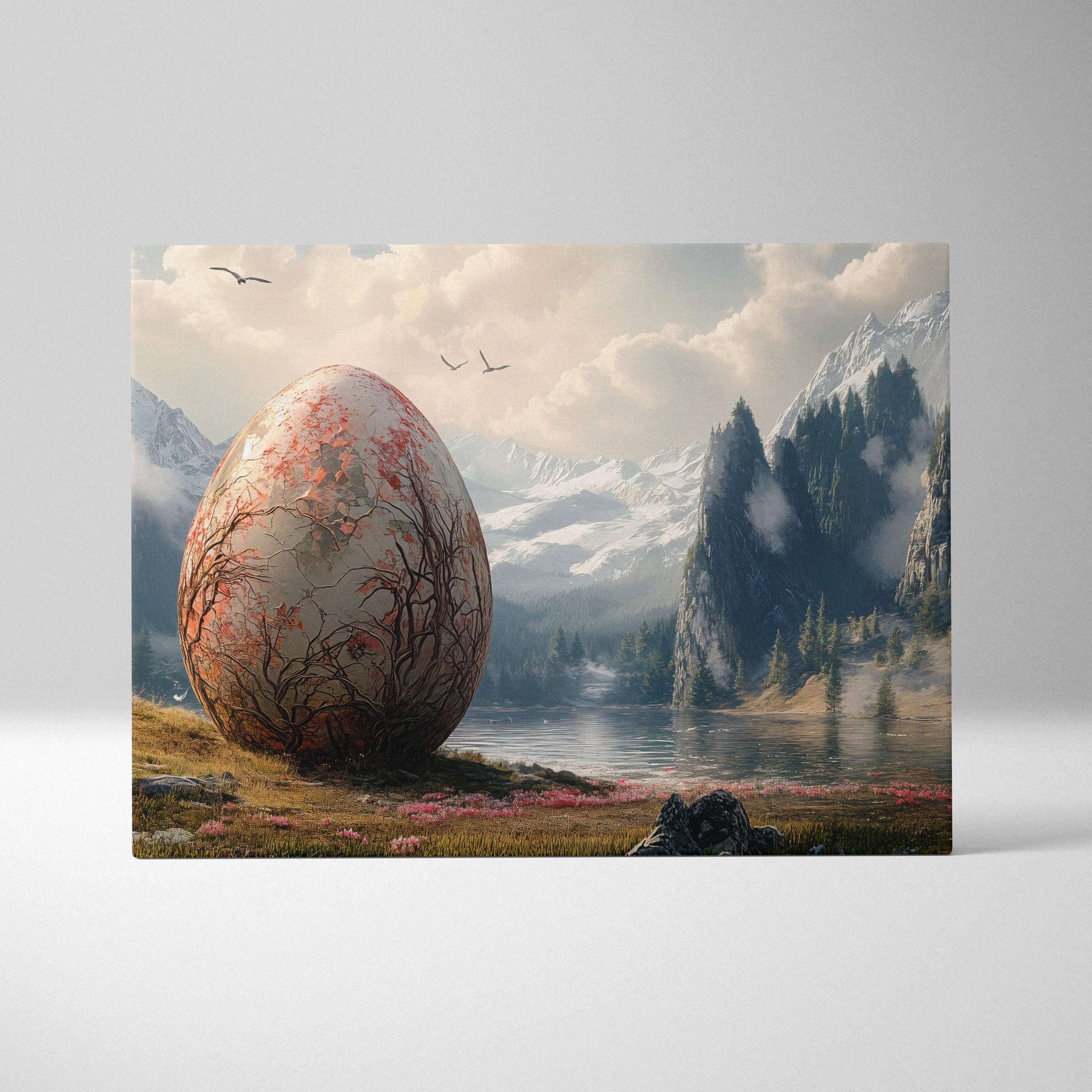 Dreamlike colossal egg with pink brown floral patterns by mountain lake canvas art