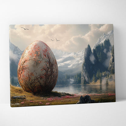 Dreamlike colossal egg with pink blossoms by mountain lake canvas art