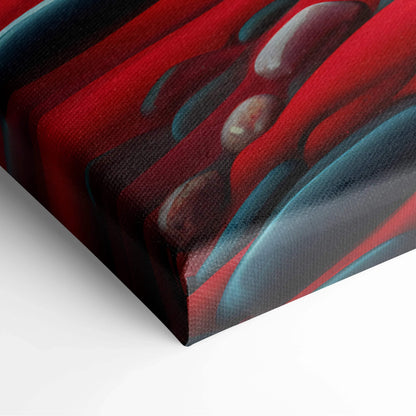 Surreal visionary red barn landscape canvas wall art with bold red teal strokes