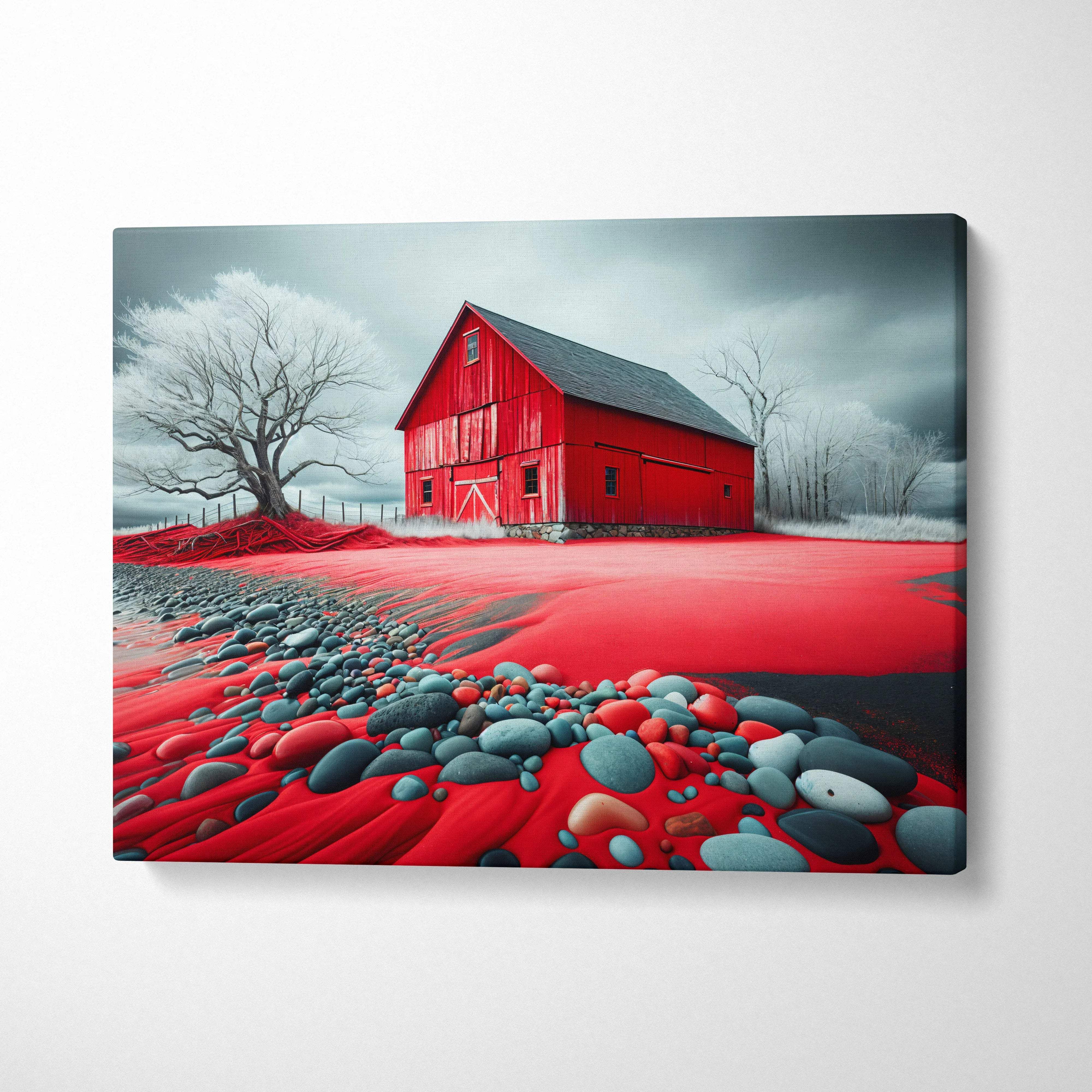 Surreal red barn with gray roof on crimson stone ground wall art