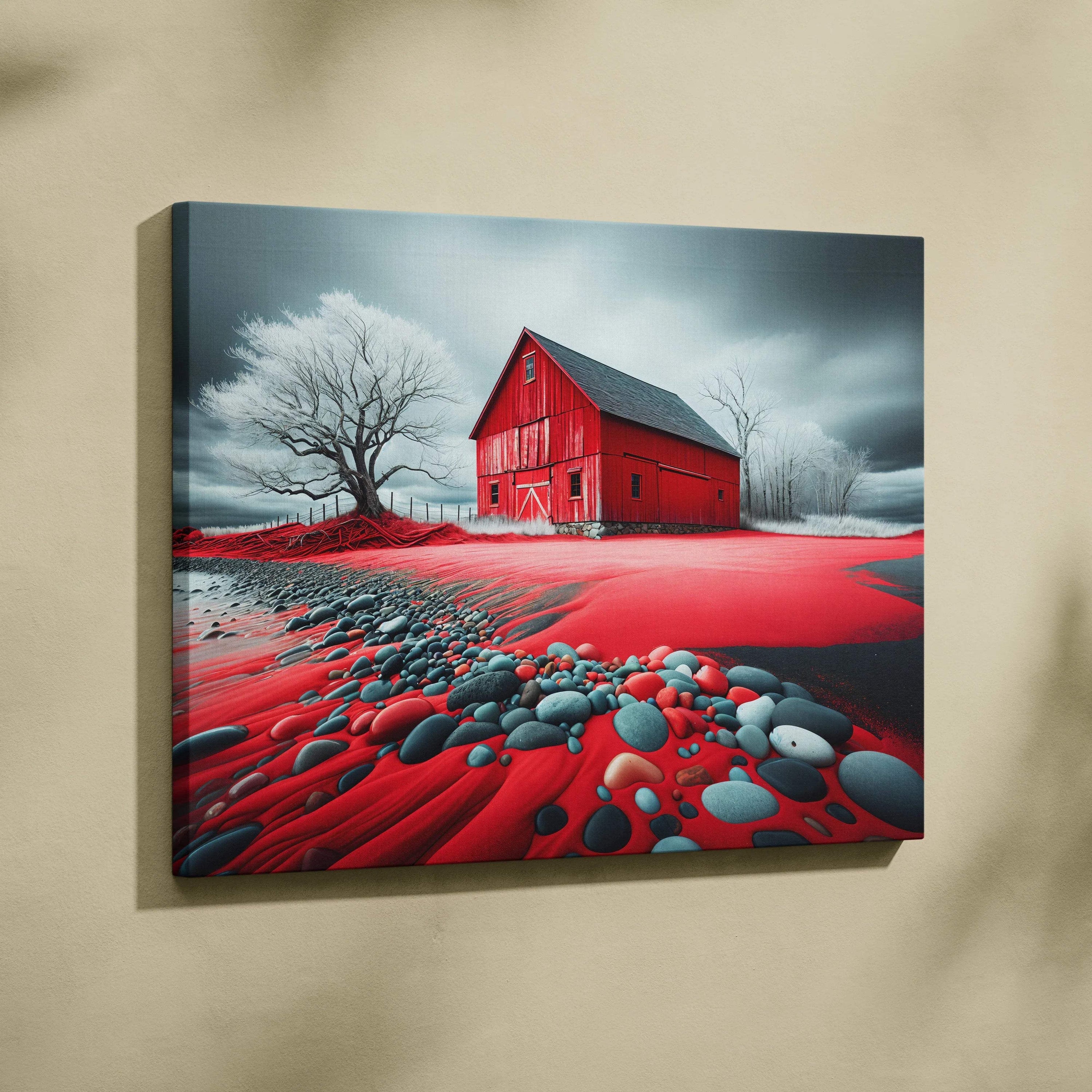 Surreal red barn with gray roof, white fence on crimson stone ground under stormy sky
