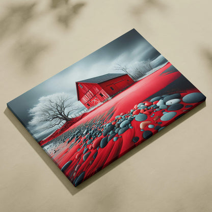 Surreal visionary red barn landscape with crimson ground and pale sky canvas art