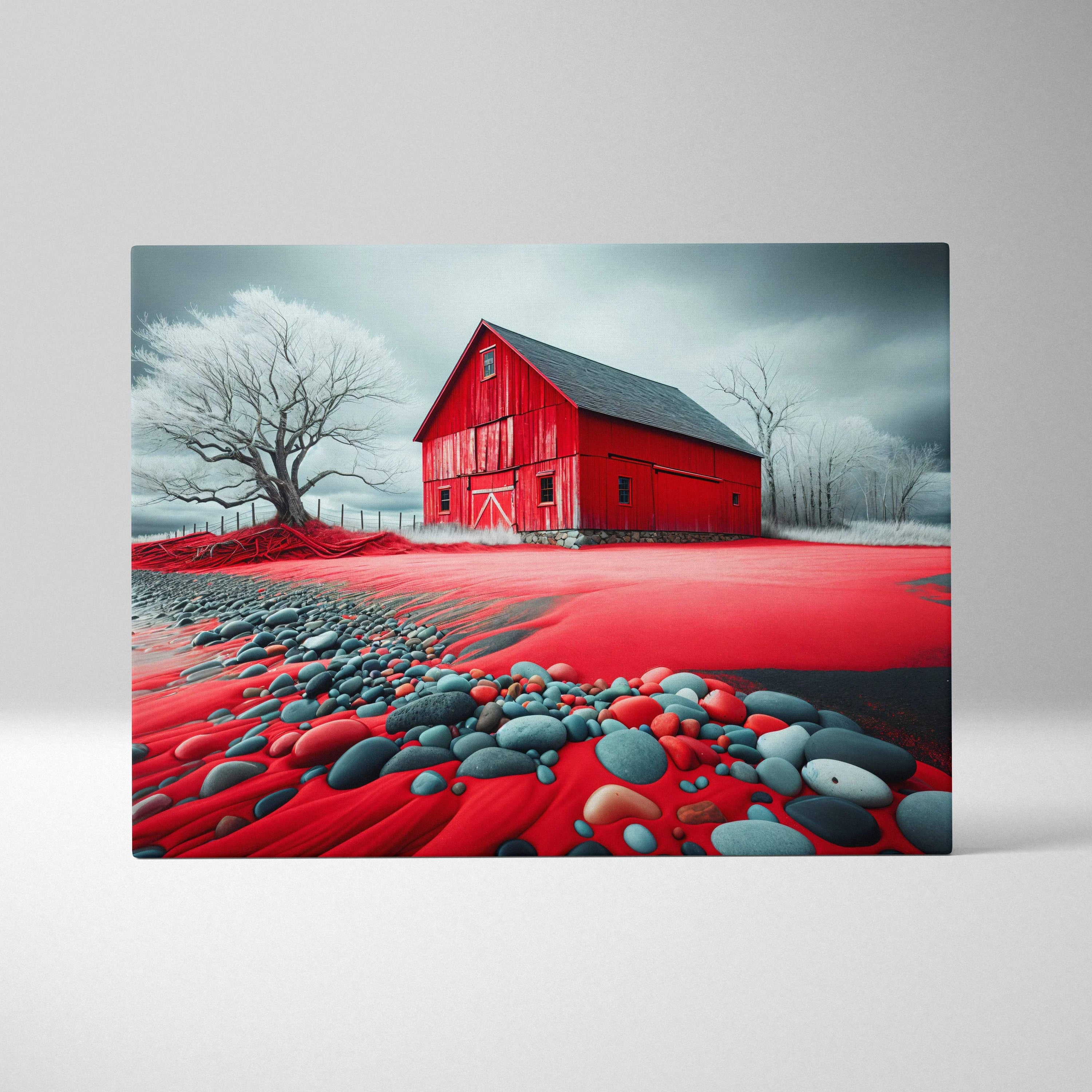 Surreal red barn with gray roof on crimson ground wall art